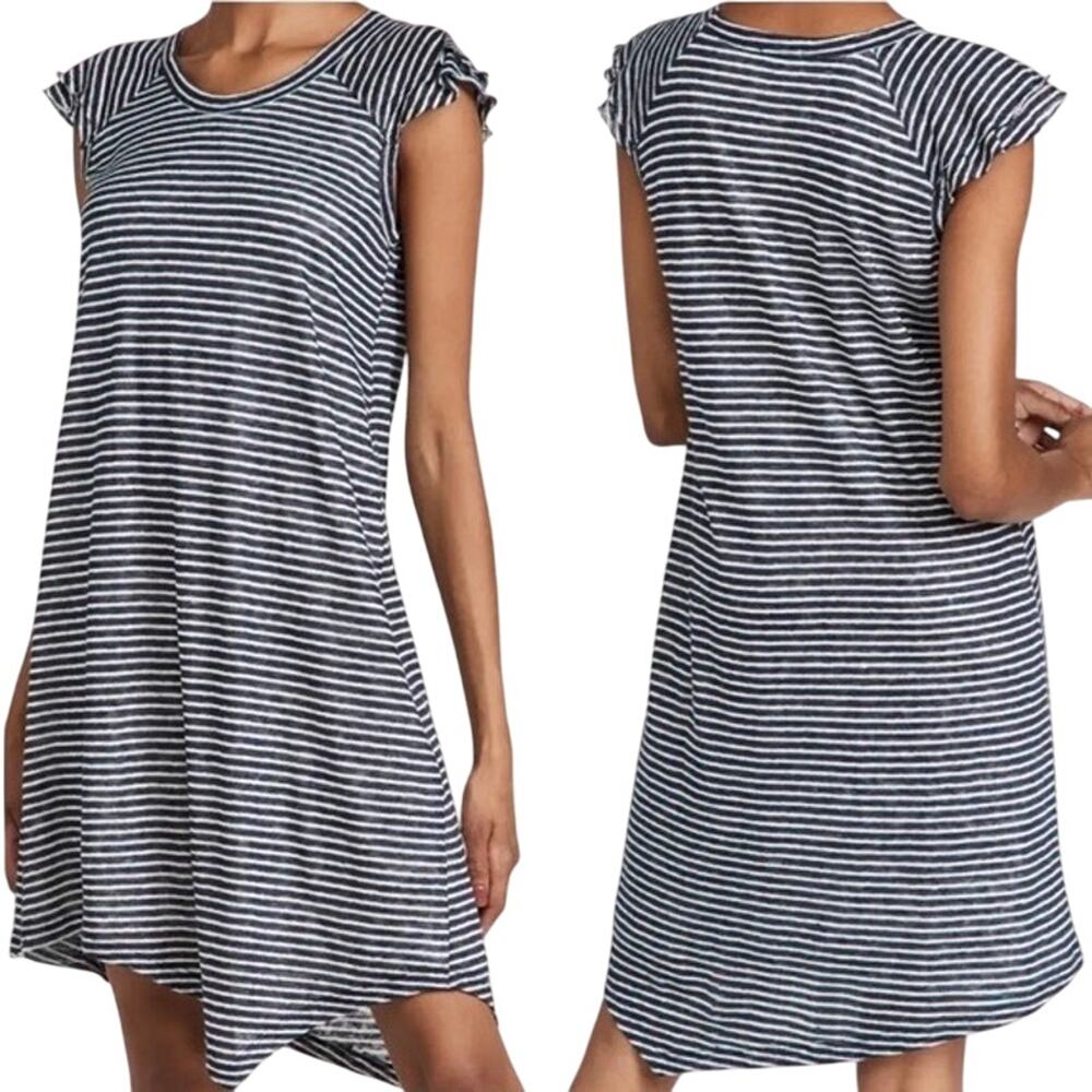 Wilt Linen Navy & White Striped Cap Sleeve Asymmetrical Hem Dress Size Small